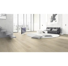 Espace de vie lumineux avec parquet, escalier, coin salon, tapis rond et télévision