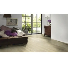 Salon avec plancher en bois, canapé et décoration