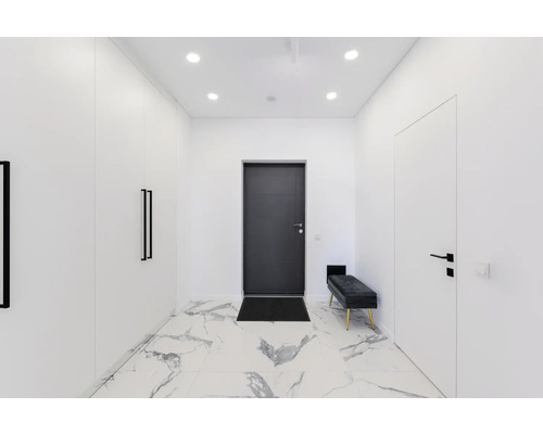 Heller Flur mit grauer Tür, weißem Schrank und Marmorboden