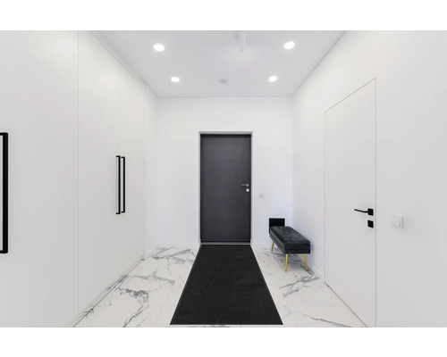 Couloir avec vestiaire, porte, banc et tapis