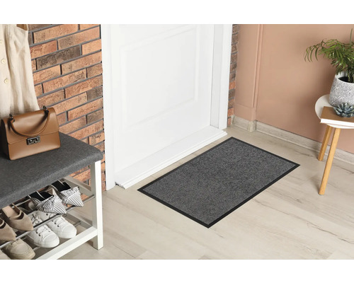 Szene mit Fußmatte vor einer Tür, Schuhregal und Dekorationsgegenständen.