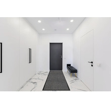 Couloir lumineux avec armoire de vestiaire, porte d''entrée, porte intérieure, banc et tapis de sol