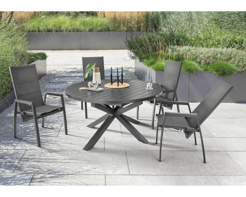 Ensemble de meubles de jardin Destiny Costa Arona 4-places 120/170 x 120 cm 5 pces. anthracite, aluminium + textile, extensible, empilable, dossier réglable Scène de jardin avec table à manger et chaises à l''extérieur