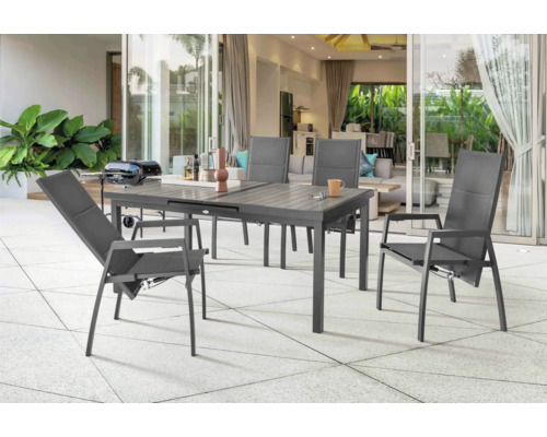 Ensemble de meubles de jardin Destiny Costa Imola 4 places 5 pces anthracite, aluminium + Textilene + Polywood, extractible, empilable, dossier ajustable Salle à manger d''extérieur avec table extensible et chaises sur une terrasse