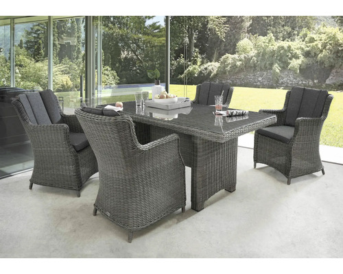 Ensemble de meubles de jardin Destiny Luna 4 places carré 5 pces gris vintage, 4 fauteuils + table, rotin synthétique + aluminium, y compris galettes d'assise Ensemble de salon de jardin avec table et fauteuils en rotin à l''extérieur