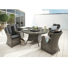Ensemble de jardin avec table ronde et quatre chaises en polyrotin avec coussins