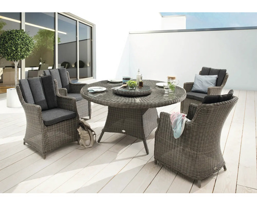 Ensemble de meubles de jardin Destiny Luna 4 places 6 pces gris, 4 fauteuils + table y compris plateau pivotant, rotin synthétique + aluminium, y compris galettes d'assise Ensemble de jardin avec table ronde et quatre chaises en polyrotin avec coussins