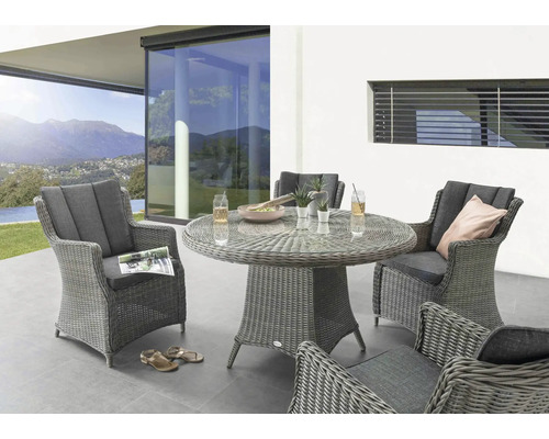 Ensemble de meubles de jardin Destiny Luna 4 places rond Ø100 5 pces. gris vintage, 4 fauteuils + table, rotin synthétique + aluminium, y compris galettes d'assise Aménagement extérieur avec salon de jardin en rotin composé d''une table et de chaises