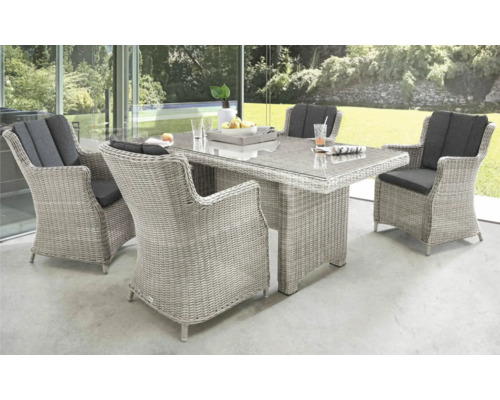 Ensemble de meubles de jardin Destiny Luna 4 places 5 pces. 200x100x75 cm vintage blanc, 4 fauteuil + table, rotin synthétique + aluminium, avec galettes d'assise Ensemble de jardin avec table et chaises en rotin avec plateau en verre et coussins d''assise