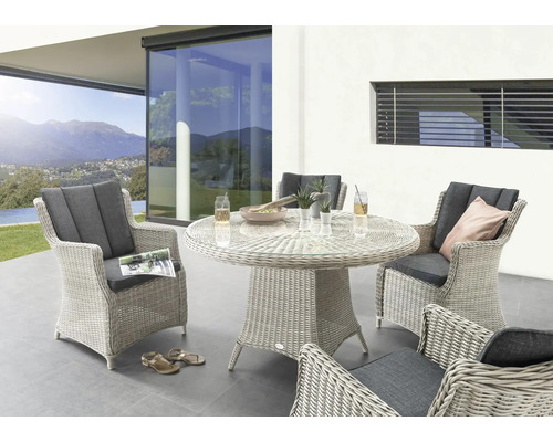 Ensemble de meubles de jardin Destiny Luna 4 places 5 pces. Ø100x75 cm vintage blanc, 4 fauteuils + table, rotin synthétique + aluminium, avec galettes d'assise Ensemble de jardin avec table en rotin et chaises sur une terrasse
