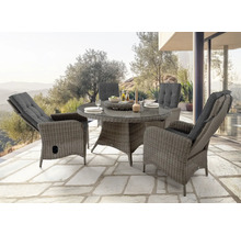 Ensemble de salon de jardin avec table ronde et quatre chaises en rotin avec coussins gris sur une terrasse