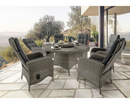 Gartenmöbelset Destiny Palma Luna 6-Sitzer 8 tlg. vintage grau, 6 Sessel + 1 Tisch inkl. Drehteller, Polyrattan + Aluminium, Rückenlehne verstellbar, inkl. Auflagen Gartensitzgruppe mit rundem Tisch und Sesseln aus Rattan auf einer Terrasse