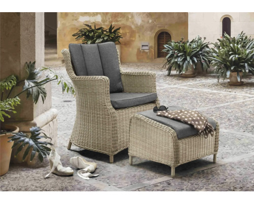 Fauteuil de jardin Destiny Luna Casa naturel chiné, fauteuil avec repose-pieds, rotin synthétique + aluminium, y compris galettes d'assise Ensemble de meubles de jardin avec fauteuil en osier et tabouret