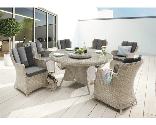Gartenmöbelset Destiny Luna 4-Sitzer 8 tlg. natur meliert, 6 Sessel + Tisch inkl. Drehteller, Polyrattan + Aluminium, inkl. Auflagen Gartensitzgruppe mit rundem Tisch und sechs Korbstühlen mit Polstern auf einer Terrasse