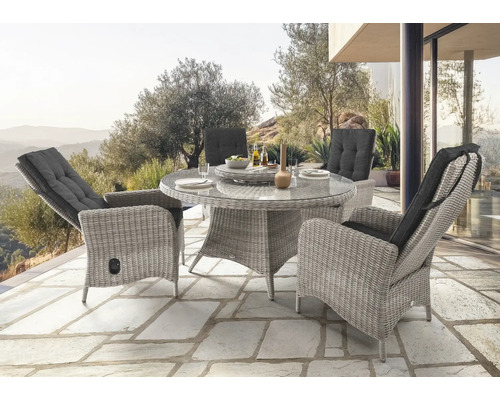 Gartenmöbelset Destiny Palma Luna 4-Sitzer 6 tlg. vintage weiß, 4 Sessel + 1 Tisch inkl. Drehteller, Polyrattan + Aluminium, Rückenlehne verstellbar, inkl. Auflagen Gartensitzgruppe mit rundem Tisch und vier Sesseln aus Rattan mit grauen Kissen