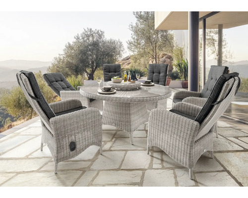 Gartenmöbelset Destiny Palma Luna 6-Sitzer 8 tlg. vintage weiß, 6 Sessel + 1 Tisch inkl. Drehteller, Polyrattan + Aluminium, Rückenlehne verstellbar, inkl. Auflagen Essgruppe aus Rattan mit rundem Tisch und Sesseln mit Polsterauflagen auf einer Terrasse