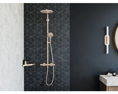 Salle de bains moderne avec système de douche, étagère et carrelage foncé