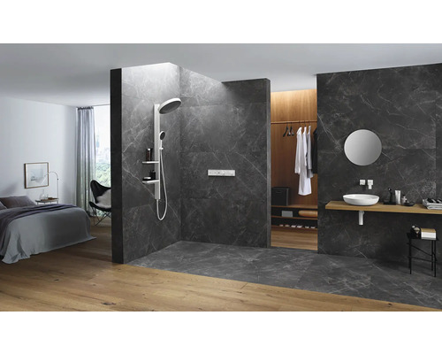 Salle de bains avec douche, lavabo et espace chambre dans un concept d''espace ouvert.