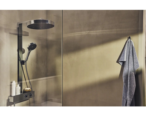 Salle de bains avec douche et serviette