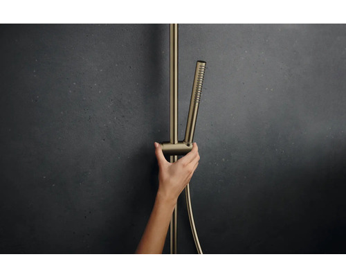 Hand hält Duschstange mit Handbrause