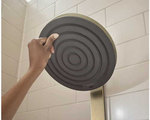 Hand hält Duschkopf mit konzentrischem Design im Badezimmer