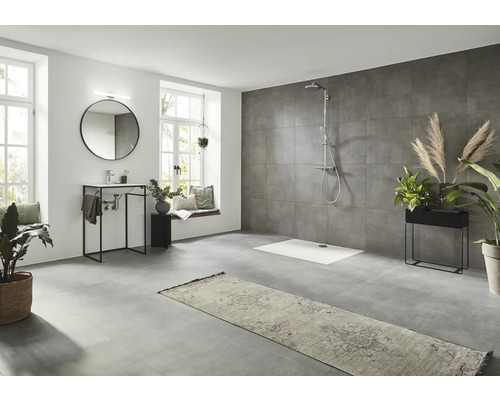 Modernes Badezimmer mit Dusche, Waschtisch, Spiegel und Pflanzen
