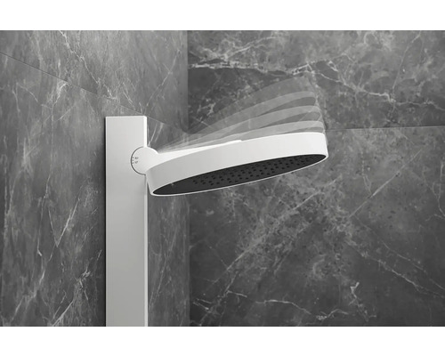 Pomme de douche réglable sur une colonne de douche dans une salle de bain.