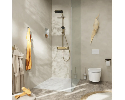 Badezimmer mit Dusche, Toilette und Accessoires in hellem Design