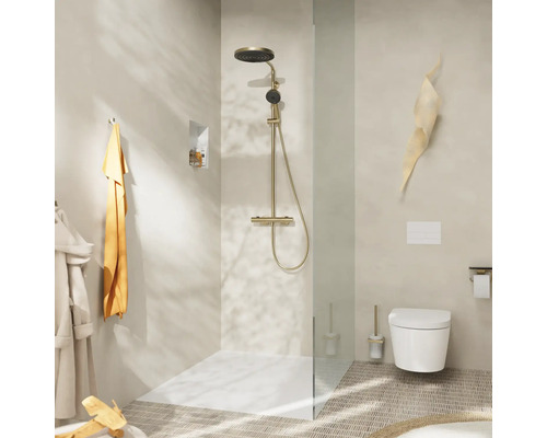 Modernes Badezimmer mit Duschkabine, Toilette und goldenen Armaturen