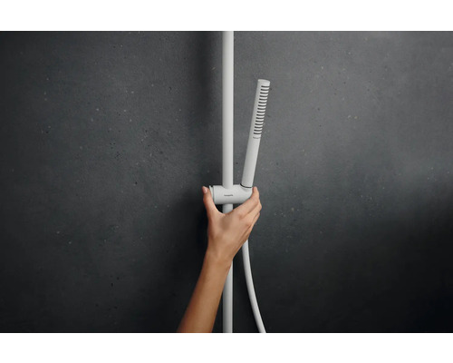 Hand, die eine Duschstange mit Handbrause hält