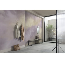 Espace d''entrée avec décor mural à l''aspect nuageux, patères avec vestes, banc et miroir.