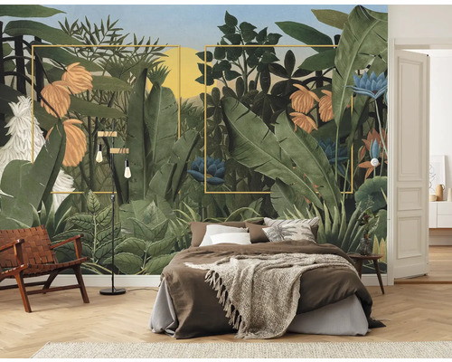 Chambre à coucher avec papier peint jungle, lit, chaise et lampadaire