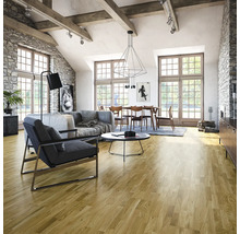 Espace de vie lumineux avec parquet, canapé, fauteuil et table à manger sous une suspension moderne.