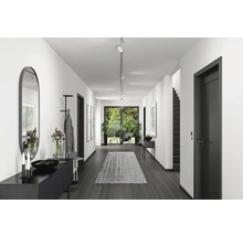 Heller Flur mit Spiegel, Kommode, Garderobe, Teppich und Terrassentür