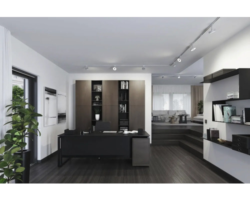 Modernes Arbeitszimmer mit Schreibtisch, Regalen und Wohnbereich