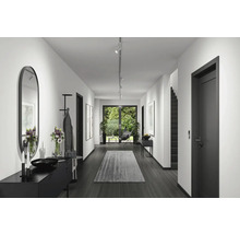 Hall d''entrée avec miroir, commode, porte-manteau, tapis et éclairage dans une maison moderne