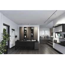 Bureau moderne avec bureau, étagères et coin salon
