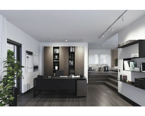 Modernes Büro mit Schreibtisch, Regalen und Wohnbereich