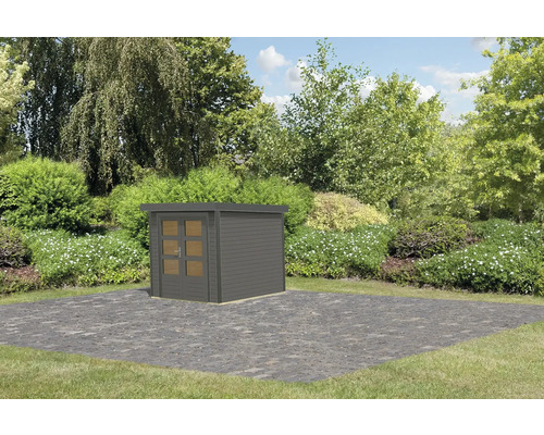 Gartenhaus aus Holz mit Tür und Fenster im Garten