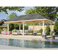 Pavillon de jardin en bois avec meubles et piscine
