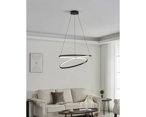 Salon moderne avec un luminaire suspendu en forme d''anneau noir au-dessus d''un canapé