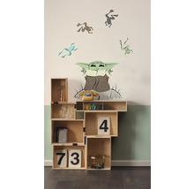 Étagère en bois avec objets de décoration et stickers muraux motifs grenouilles