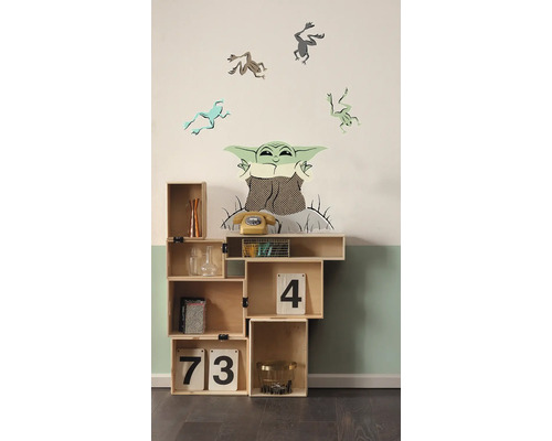Étagère en bois avec objets de décoration et stickers muraux motifs grenouilles