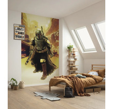 Chambre avec fresque murale Star Wars, lit et étagère en bois