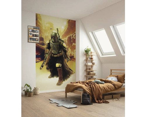 Chambre avec fresque murale Star Wars, lit et étagère en bois