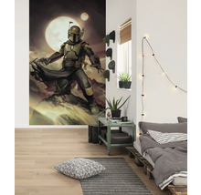 Chambre décorée avec une grande peinture murale d''un guerrier mandalorien.