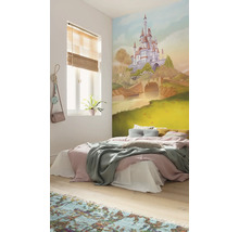 Chambre à coucher avec peinture murale d''un château, lit, fenêtre et tapis