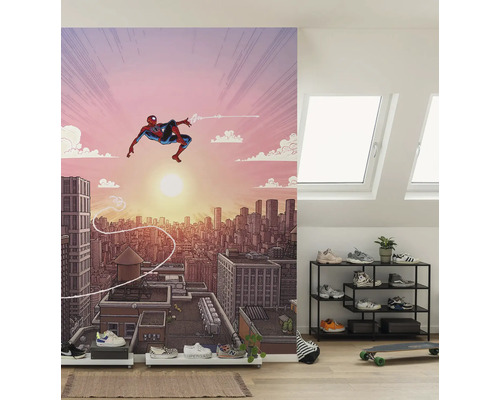 Papier peint photo avec motif Spiderman dans une pièce lumineuse avec fenêtres de toit et étagère à chaussures.