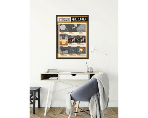 Gerahmtes Poster mit einer Anleitung zum Besiegen des Todessterns im Büro