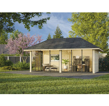Maison de jardin en bois avec façade en verre et mobilier de bureau dans le jardin
